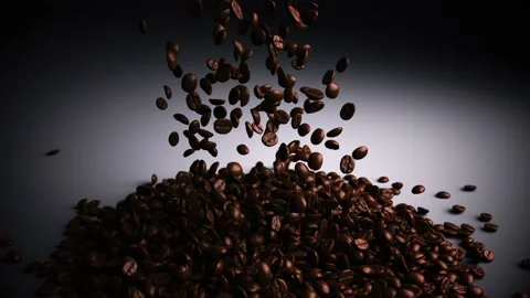 Super Slow Motion Shot of Falling Roasted Coffee Beans into Ground Coffee on Stock Footage 230100514