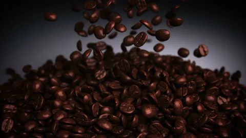 Super Slow Motion Shot of Falling Roasted Coffee Beans into Ground Coffee on Stock Footage 230100636