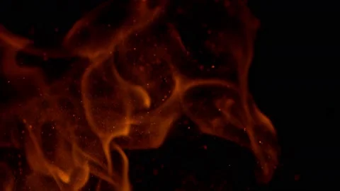 Super Slow Motion Shot of Fire and Sparks Isolated on Black Background at Stock Footage 132637064