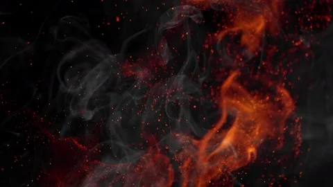 Super Slow Motion Shot of Fire, Smoke and Sparks Isolated on Black Background at Video stock 142066877