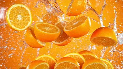 Super Slow Motion Shot of Flying Fresh Oranges and Water Side Splash at 1000 fps Stock Footage 158706198