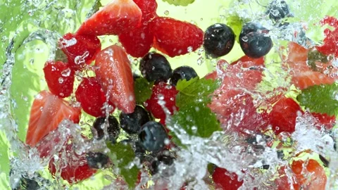 Super Slow Motion Shot of Fresh Berries Falling into Water Whirl at 1000 fps. Stock Footage 243383801