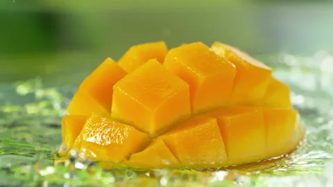 Super Slow Motion Shot of Fresh Mango Falling into Water and Making Splash at Stock Footage 341291693