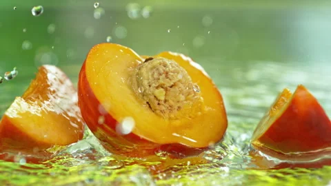Super Slow Motion Shot of Fresh Nectarine Cuts Falling into Water and Making Stock Footage 341832986