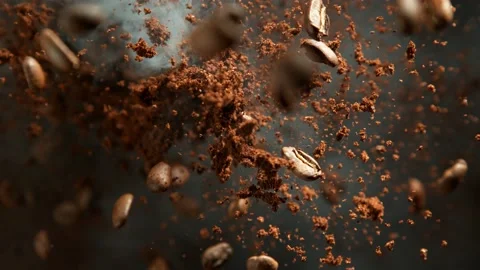 Super Slow Motion Shot of Ground Coffee and Fresh Beans Explosion Towards Camera Stock Footage 224058438