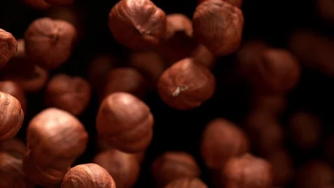 Super Slow Motion Shot of Hazelnuts Flies After Being Exploded against Black Stock Footage 115079961