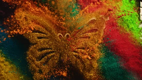 Super Slow Motion Shot of Multi colored powder glitter butterfly shape exploding Stock Footage 213921623