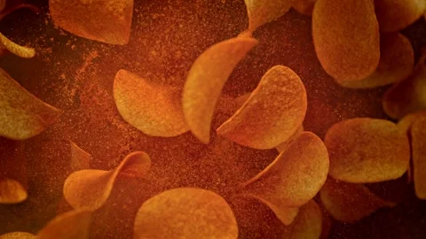 Super Slow Motion Shot of Premium Potato Chips And Seasoning Powder Explosion at Stock Footage 264030145