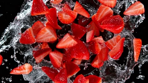 Super slow motion shot of rotating exploded strawberries with splashing water on Video stock 171643388