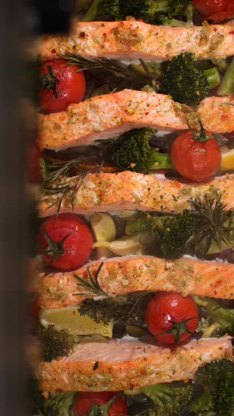 Super slow motion, Steaming Baked Salmon With Roasted Tomatoes And Broccoli, Stock Footage 330733075