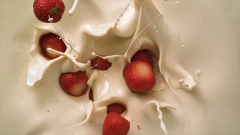 Super slow motion of strawberries falling into cream Stock Footage 152430808