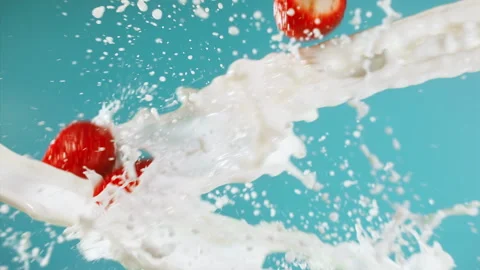 Super Slow Motion Strawberries Splashing in Fresh Milk at 1000 fps blau backgrau Stock Footage 276082053
