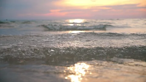 Super slow motion of wave on the sea ocean surface during sunset Stock Footage 173386128