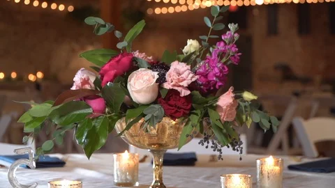 Super Slow Motion Wedding Reception Table Flowers Stock Footage 123654319