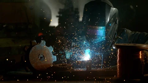 Super slow motion of working welder in workshop Stock Footage 98885748