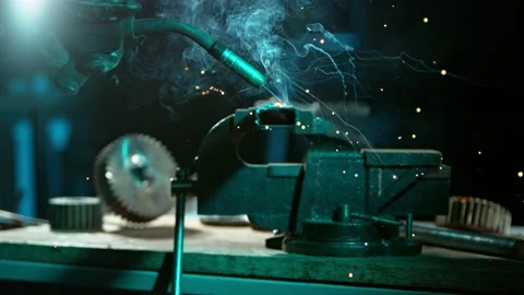 Super slow motion of working welder in workshop Stock Footage 200264857