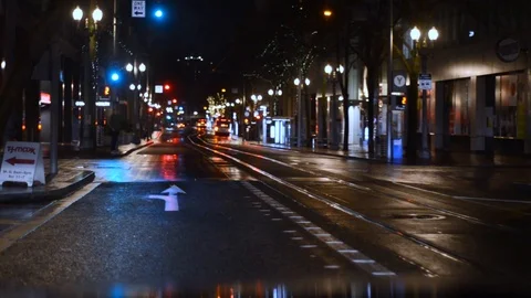 Super Smooth Driving Through Downtown night wet. Stock Footage