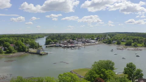 Super smooth tracking drone shot over quaint Damariscotta, Stock Footage 144483780