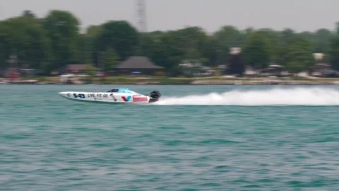 Super Stock Class Offshore Race Boat High-Speed Pass, St Clair River, Sound Stock Footage 343972682