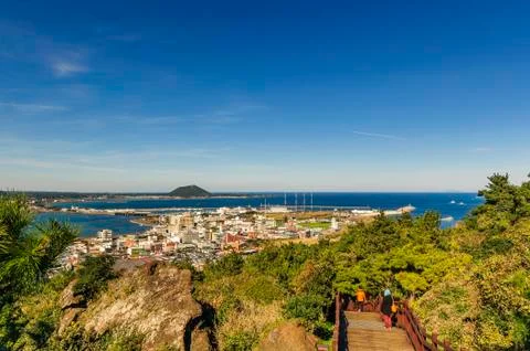 Super view from mountain-top while down from top of Seongsun Ilchubong, jeju Stock Photos