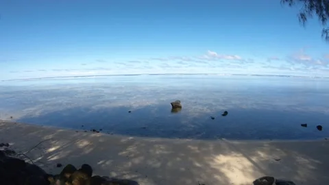 Super wide angle hand hold still view of calm peaceful turquoise blue lagoon loo Stock Footage 235322839