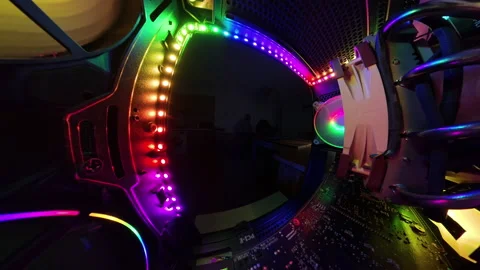 A super wide-angle view of a gaming PC interior, with the camera slowly moving Stock Footage 289787204