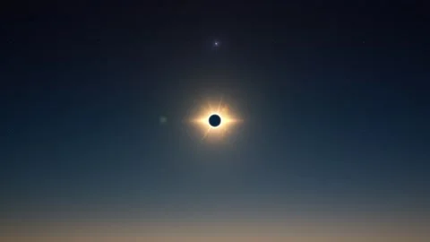 Super wide angle view of total solar eclipse moment and star beam flare of Stock Footage 247048289