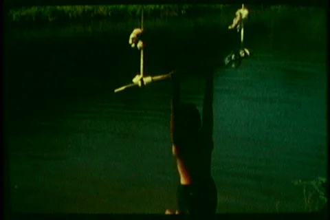 Super8 another boy swinging on the rope at lake Stock Footage 40735864