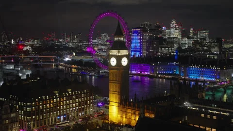 Superb Quality, Aerial View Shot of London, Big Ben, London Eye, night, evening Stock Footage 290172097