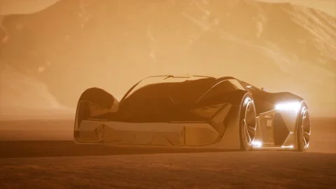 Supercar at sunset in desert Stock Footage 129880989