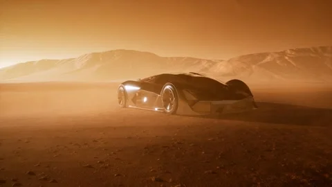 Supercar at sunset in desert Stockbeeldmateriaal 163010222