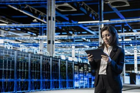 Supercomputer digital twin scanning, tablet and female programmer in data center Stock Photos