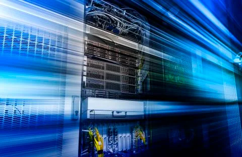 Supercomputer module with hardware, storage blades, cables, wires motion blur 3d Stock Photos