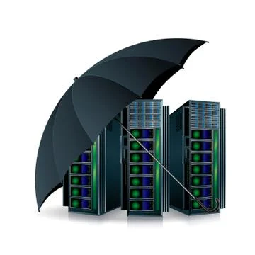 Supercomputer under umbrella, Isolated over white background. Stock Illustration