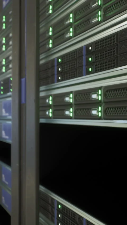 Supercomputers lined up and turned on in a server room Stock Footage 270432352