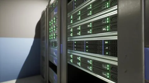 Supercomputers lined up and turned on in a server room Stock Illustration