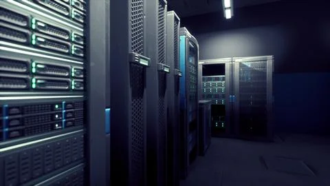 Supercomputers in rows, all switched on in a server room Illustrazione stock