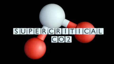 "SUPERCRITICAL CO2" block text over a 3D molecular model. Stock Illustration