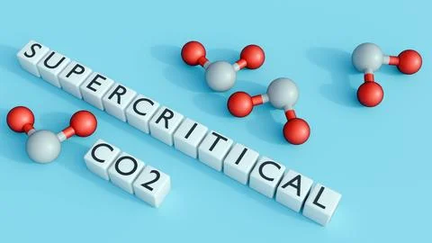 "SUPERCRITICAL CO2" block text over a 3D molecular model. Stock Illustration