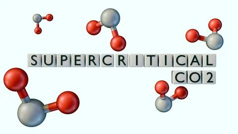 "SUPERCRITICAL CO2" block text over a 3D molecular model. Stock Illustration