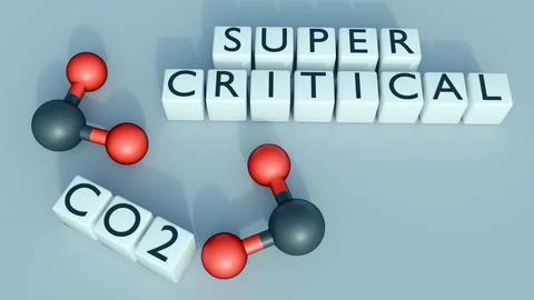 "SUPERCRITICAL CO2" block text over a 3D molecular model. Stock Illustration