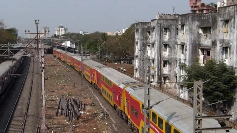Superfast New Double Decker train speed Aerial view Indian Railways Mumbai India Stock Footage 131810012