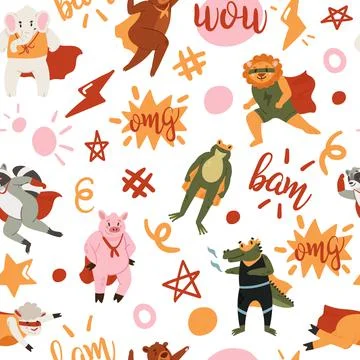 Superhero animals cute seamless pattern, funny brave super hero character in Illustrazione stock