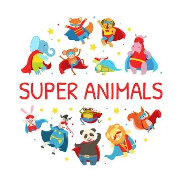 Superhero Animals of Round Shape, Cute Baby Animals Characters in Costumes Illustrazione stock
