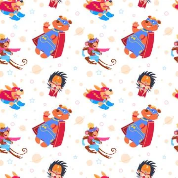 Superhero animals seamless pattern. Cartoon endless vector background Stock Illustration