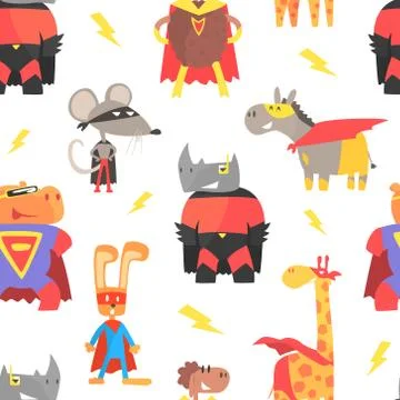 Superhero Animals Seamless Pattern, Cute Animal Characters in Capes and Masks Illustrazione stock
