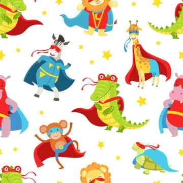 Superhero Animals Seamless Pattern, Cute Baby Animals Characters in Costumes Illustrazione stock