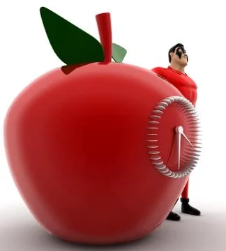 Superhero with big apple shape clock concept Illustrazione stock