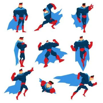 Superhero With Blue Cape In Different Comics Classic Poses Stickers Stock-Illustration