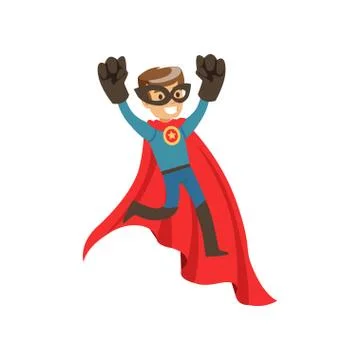 Superhero boy character dressed in blue costume with red cape jumping cartoon Stock Illustration